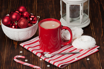 Hot Chocolate Drink. Christmas Sweets And Decorations. Wooden Ba