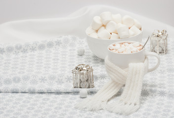 Mug Of Hot Chocolate With Scarf. Marshmallows And Sweets. Christ
