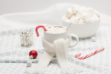 Mug Of Hot Chocolate With Scarf. Marshmallows And Sweets. Christ