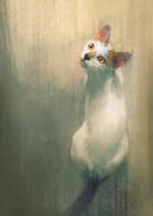young white cat looking up,digital painting © grandfailure
