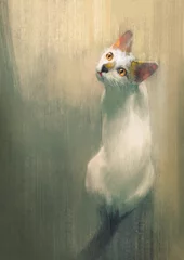 Tuinposter young white cat looking up,digital painting © grandfailure