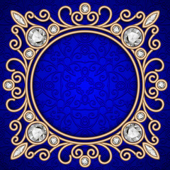 Jewelry gold frame over blue pattern
