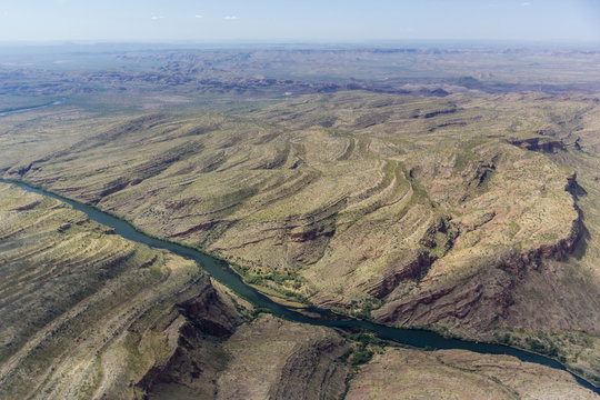 Aerial view of the man-made Ord River between Lake Kununurra and a Diversion Dam built in 1972, Kimberley, Western Australia
