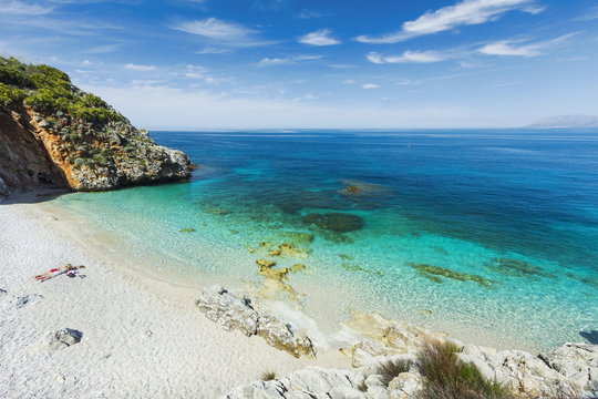 Lovely limestone cove at Zingaro Nature Reserve near Scopello on this beautiful north western coastline, Scopello, Sicily, Mediterranean