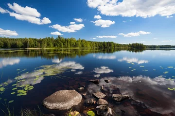 Papier Peint photo Lavable Lac / étang Paysage de lac ensoleillé de Finlande