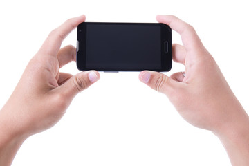 hands holding mobile smart phone with blank screen isolated on w
