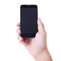 hand holding mobile smart phone with blank screen isolated on wh