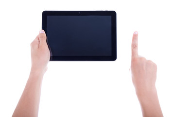 male hands using tablet computer with blank screen isolated on w