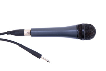 black microphone with cord isolated on white