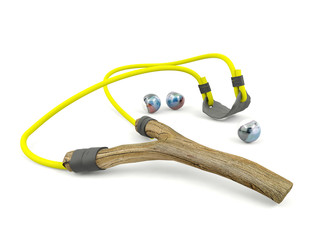 3D render wooden slingshot and glass pellets on white background
