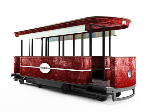 Red old tram isolated on white background