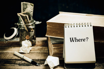 Where word book on wood table vertical