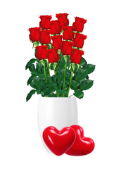 bouquet  of red roses in white vase and two red hearts closeup i