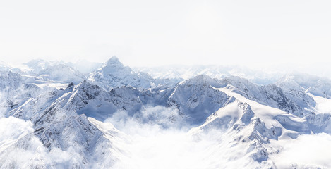 Panorama of winter mountains in Caucasus region, Russia, 