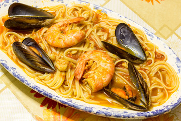 Plate of spaghetti with seafood