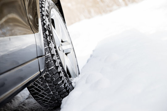 Driving Car In Winter With Much Snow