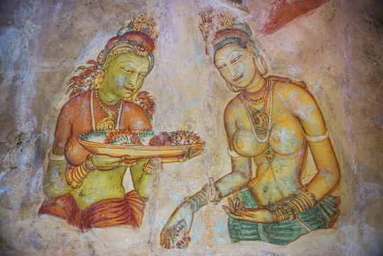 Apsara Frescoes on Mirror Wall at Sigiriya Rock Fortress, Sri Lanka