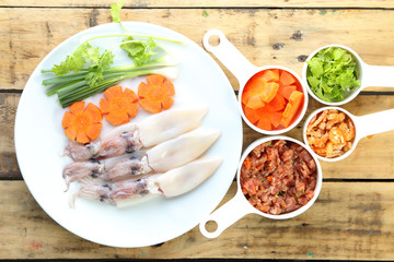Raw squid, carrot and Pork ,Prepare to cooking.