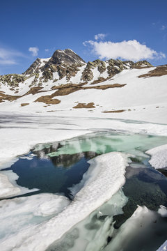 Spring is coming and lake Emet in the Spluga Valley is slowly thawing, Lombardy