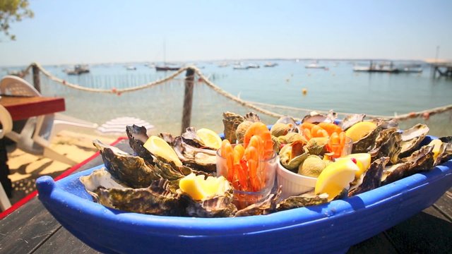 Closeup of seafood platter set on restaurant table 
