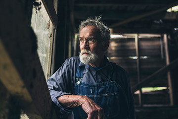 Elderly man staring out of a rustic wooden window