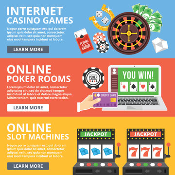 Internet casino games, online poker rooms, slot machines flat illustration concepts set