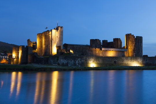 Caerphilly Castle at dusk, Wales, Gwent