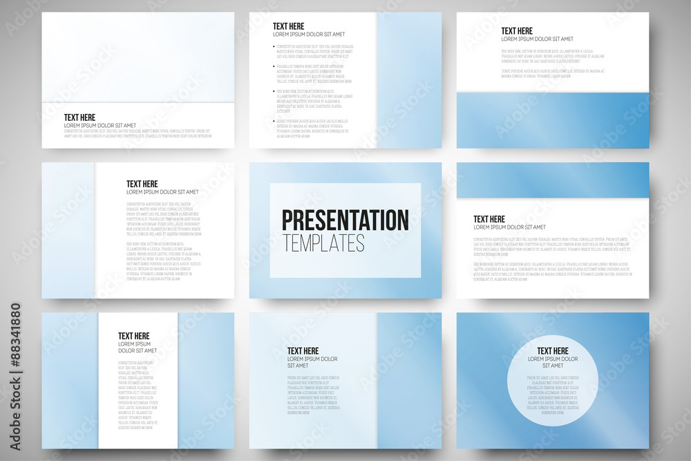 Poster set of 9 templates for presentation slides. blue background
