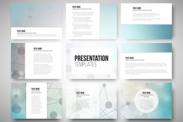 Set of 9 templates for presentation slides. Molecular structure - obrazy, fototapety, plakaty