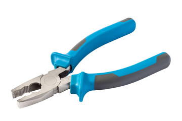 Metal blue pliers on white background