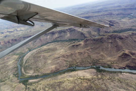 Aerial view of the man-made Ord River between Lake Kununurra and a Diversion Dam built in 1972, Kimberley, Western Australia