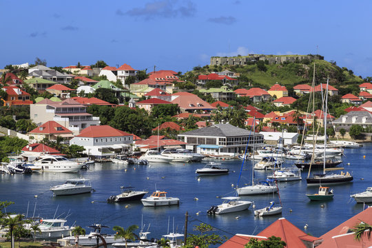 Elevated view of Fort Oscar and harbour, Gustavia, St. Barthelemy (St. Barts) (St. Barth)
