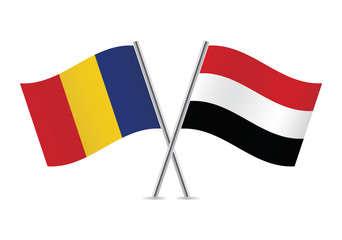 Yemen and Romania flags. Vector illustration.