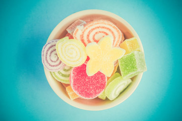 Colorful fruit-paste sweets with filter effect retro vintage sty