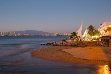 View over beach ast dusk, Downtown, Puerto Vallarta, Jalisco, Mexico