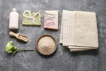 Spa set: liquid soap, bars of handmade soap, sea salt and towel.