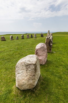 The standing stones in a shape of a ship known as Als Stene (Aleos Stones) (Ale's Stones), Baltic Sea, southern Sweden