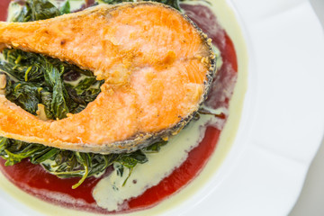 Grilled Salmon Steak with Spinach