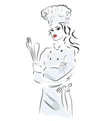 Chef. Woman in cooker uniform with fork and spoon
