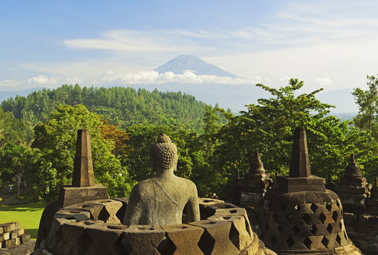 Borobodur, with Mount Merapi in the distance, Kedu Plain, Java, Indonesia
