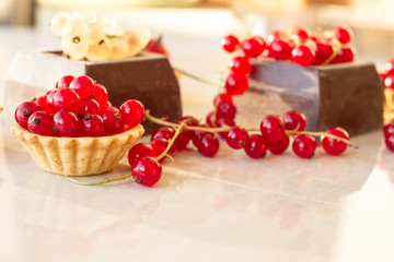 red and white currant with chocolate on marble