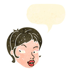 retro cartoon girl's face with speech bubble