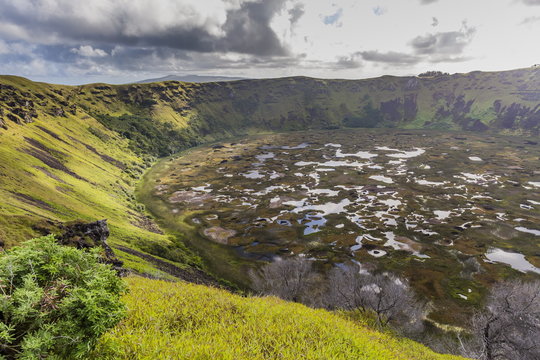 Orongo Crater, Rano Kau, Rapa Nui National Park, Easter Island (Isla de Pascua), Chile