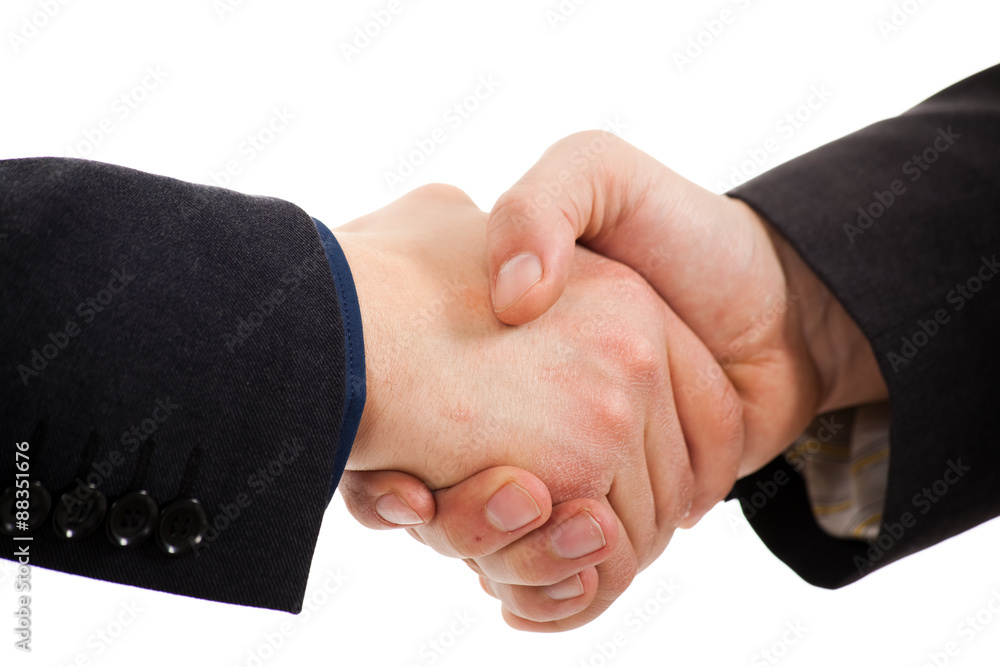 Poster Two businessmen hands handshake isolated on white