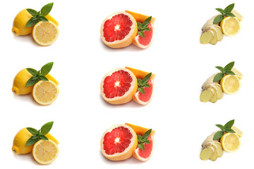 lemon, grapefruit, ginger root, with mint on a white  background
