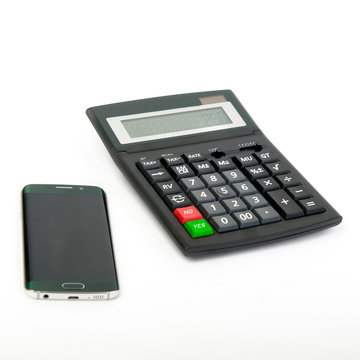 Smartphone and calculator on the white background