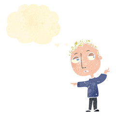 retro cartoon man with thought bubble waving