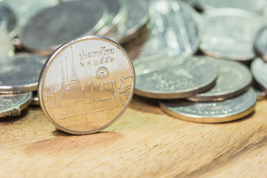 Coins of Thailand. Wat Benchamabophit or the Marble Temple in Bangkok, Thailand, depicted in the Thai five baht coin.