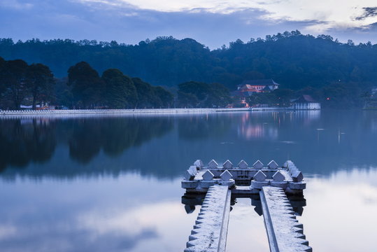 Kandy Lake and the Temple of the Sacred Tooth Relic (Sri Dalada Maligawa) at night, Kandy, Central Province, Sri Lanka