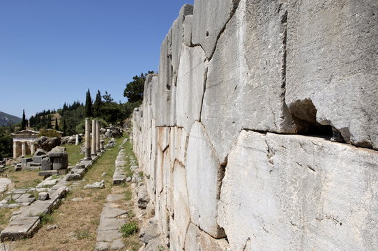 The Polygonal wall, a retaining wall built after the destruction of the old temple of Apollo in 548 BC, Delphi, Peloponnese, Greece